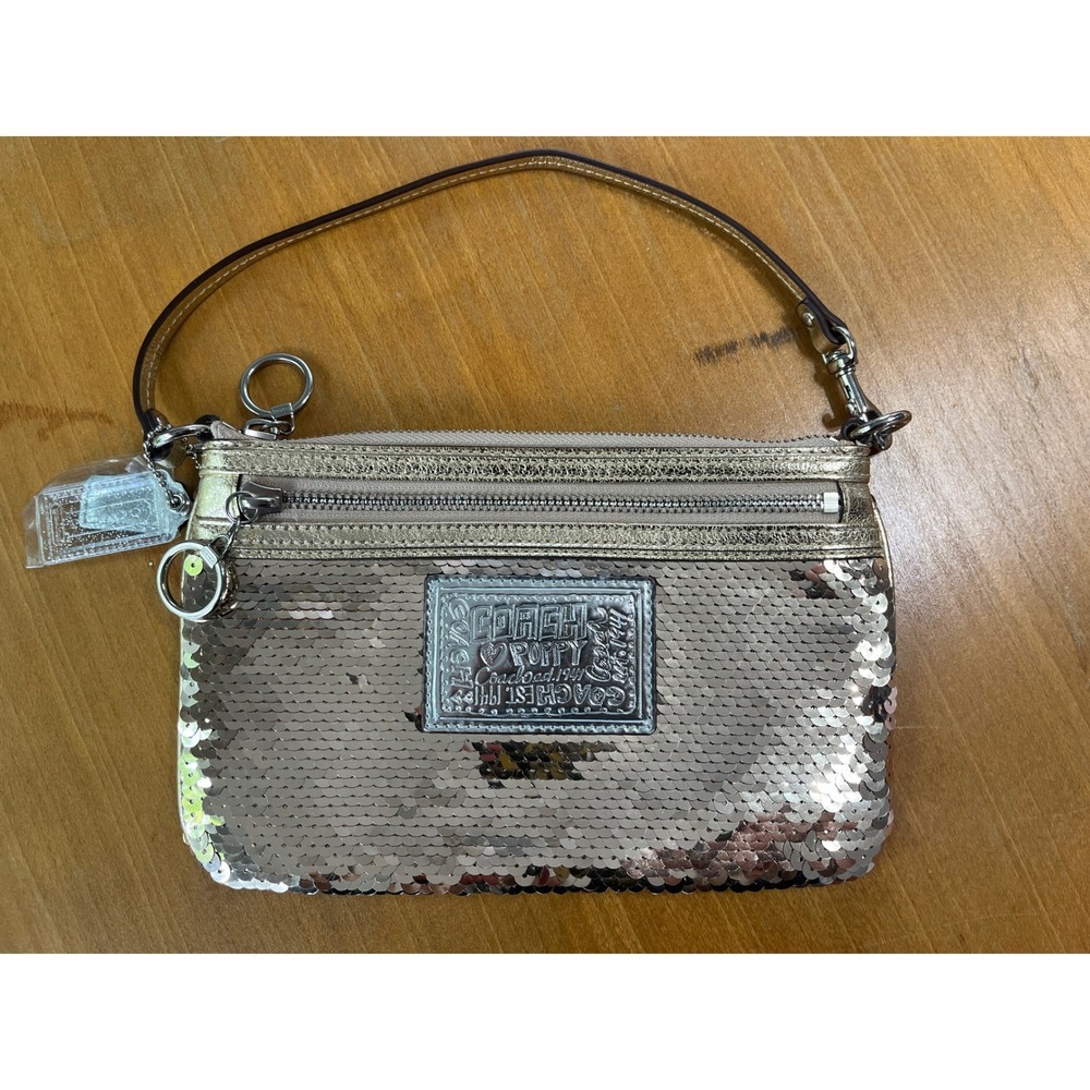Coach Poppy Sequin Wristlet Gold Metallic Leopard Print Lining Bag 44044